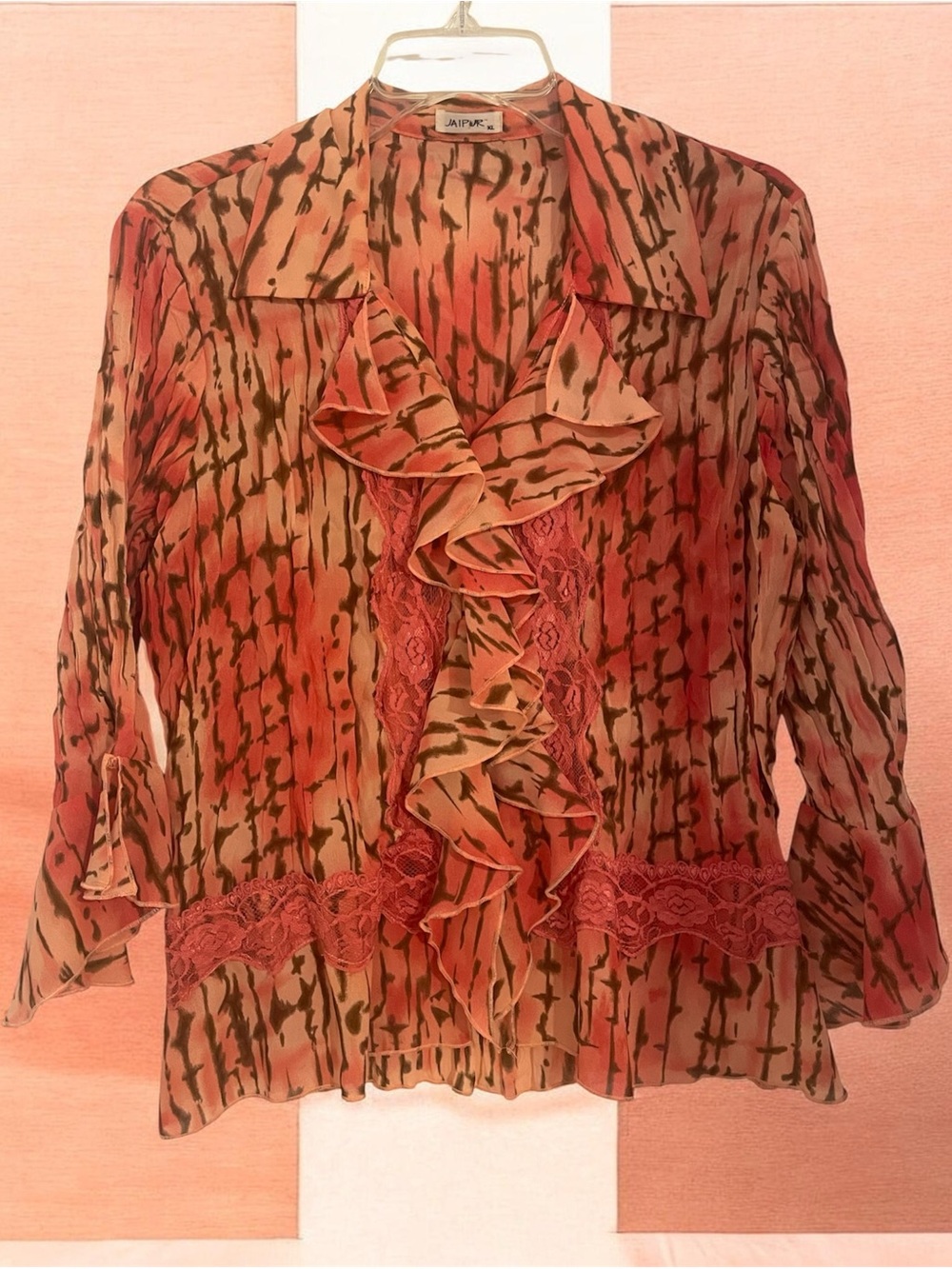 Jaipur long Sleeve Ruffled Button-Front Women’s Blouse in Coral Print Size XL
